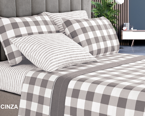 Jogo de Cama Flanela Solteiro Xadrez Cinza