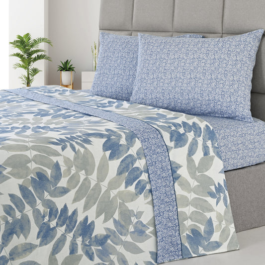 Jogo de Cama Flanela Folhas Azul