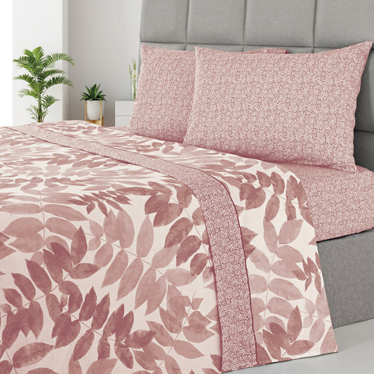 Jogo de Cama Flanela Folhas Rosa