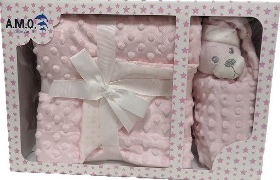 Manta bébé doudou urso com chapéu rosa